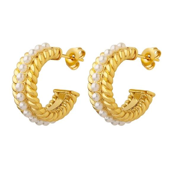 Pearl Vintage Woven C-Shape‎ Hoop Earrings 18K Gold Plated Stainless Steel - Picture 11 of 12
